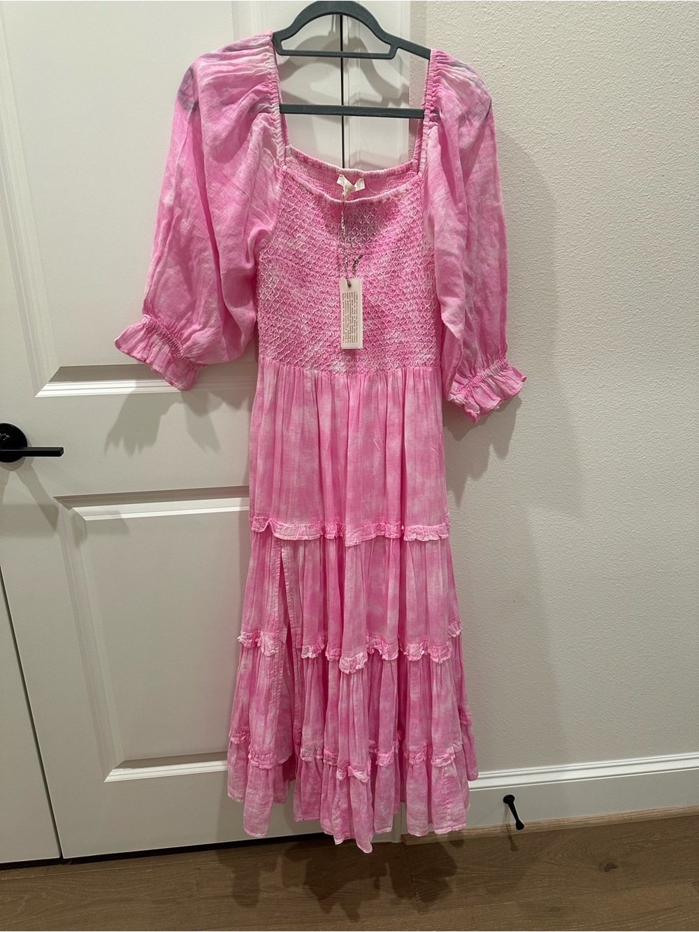 LoveShackFancy Pink Smocked Puff Sleeve Tiered Maxi Dress